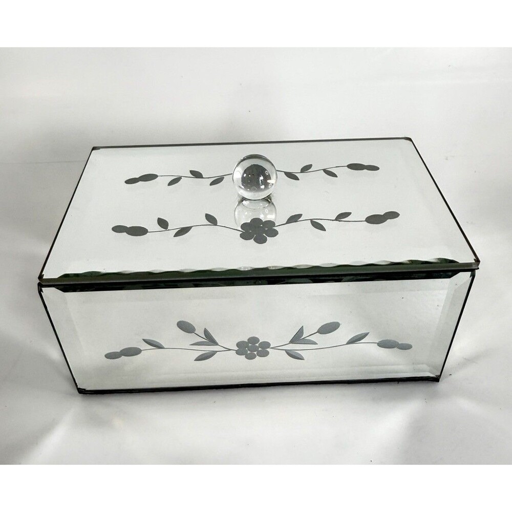 Vintage Mirrored Glass Jewelry Trinket Box Etched Floral Design 5.75” w/ Lid